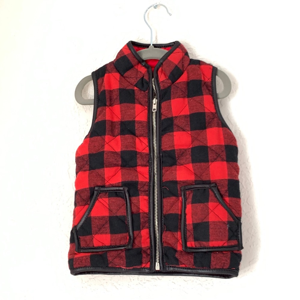 Red Black Buffalo Plaid Quilted Puffer Vest Toddler 1-2 Years Zip Front Pockets